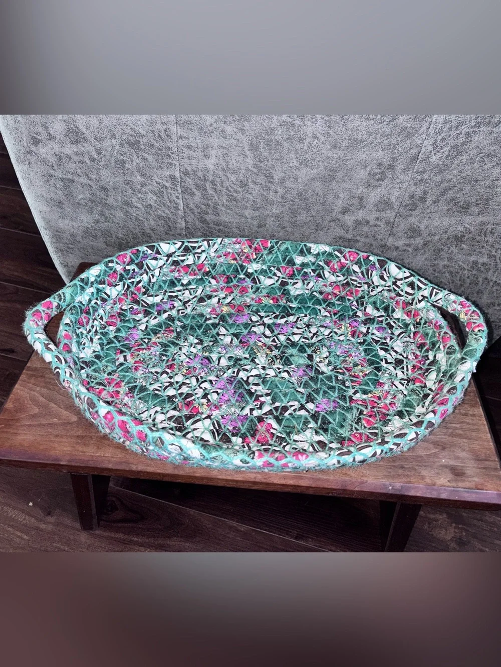 Vintage Rolled Rag Rug Basket Oval Double Handle Primitive Farmhouse Cottagecore